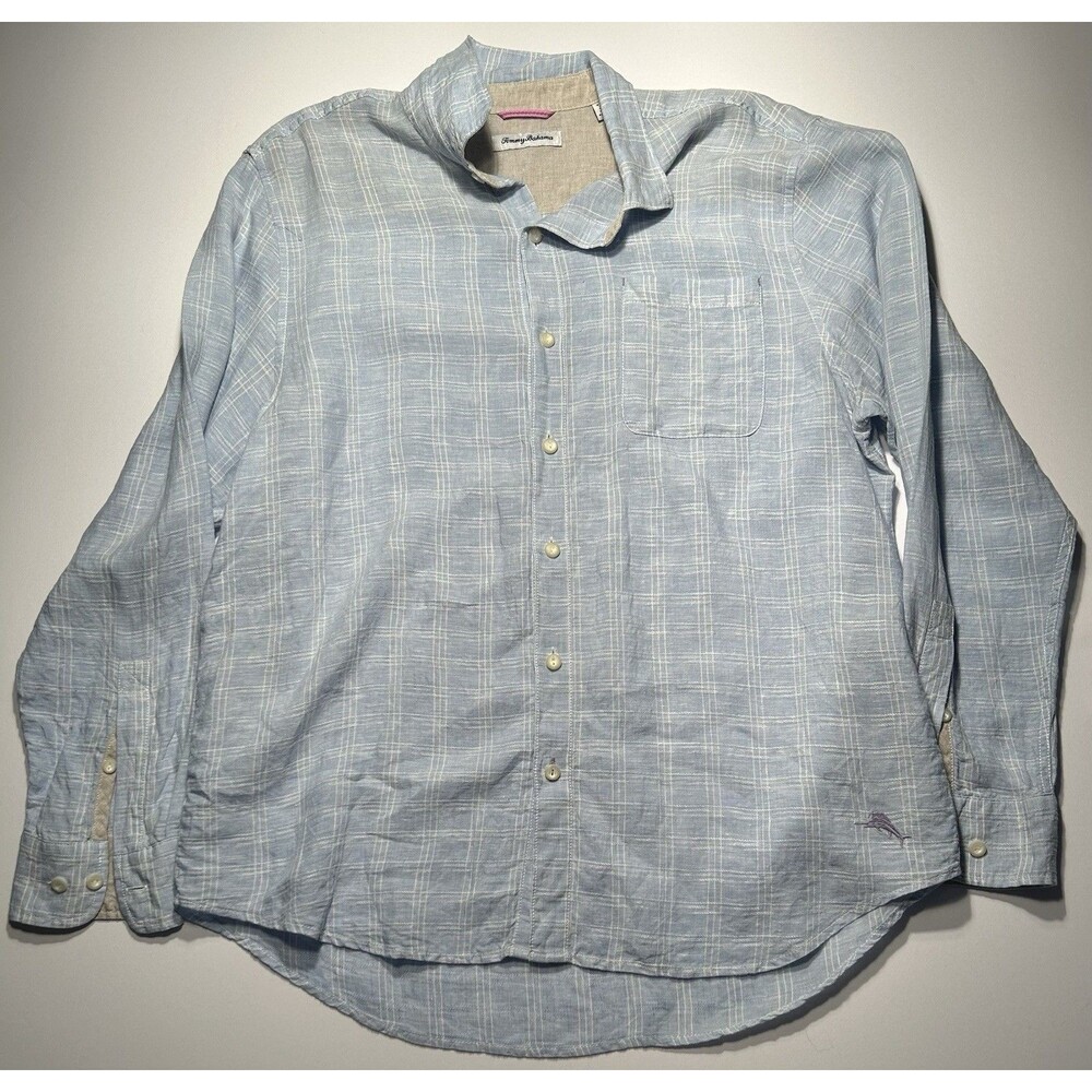 Tommy Bahama Mens Blue Check 100% Linen Coastal Beach Button Down Shirt Size XL